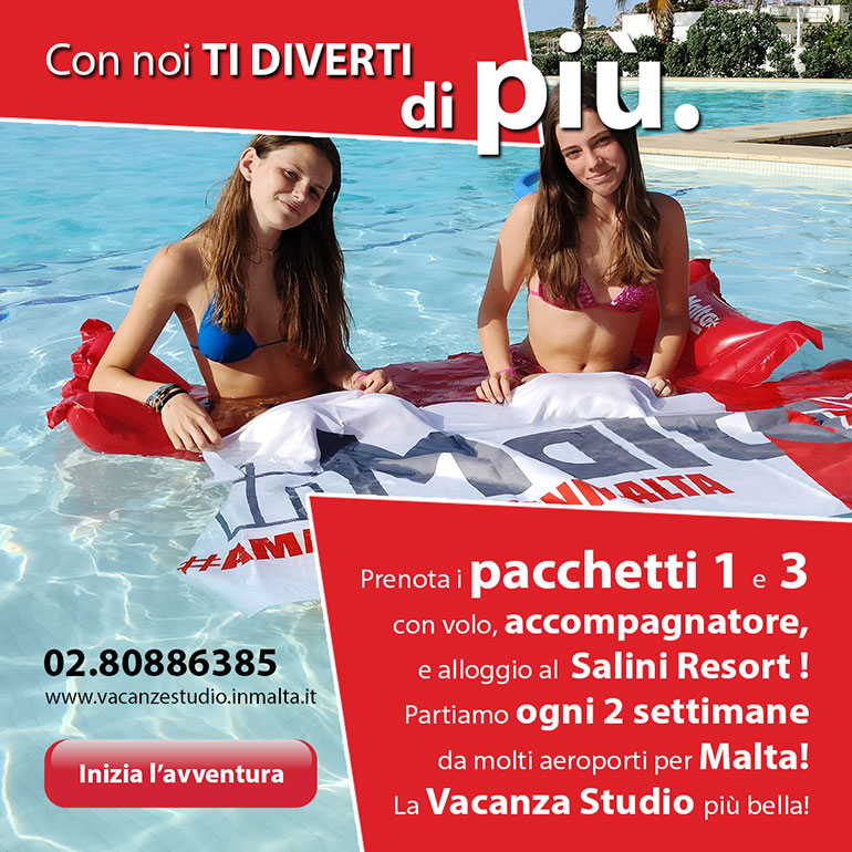 Con noi ti diverti di più. Prenota i pacchetti 1 e 3 con volo, accompagnatore e alloggio al Salini Resort! Partiamo ogni 2 settimane da molti aeroporti. La vacanza studio più bella!