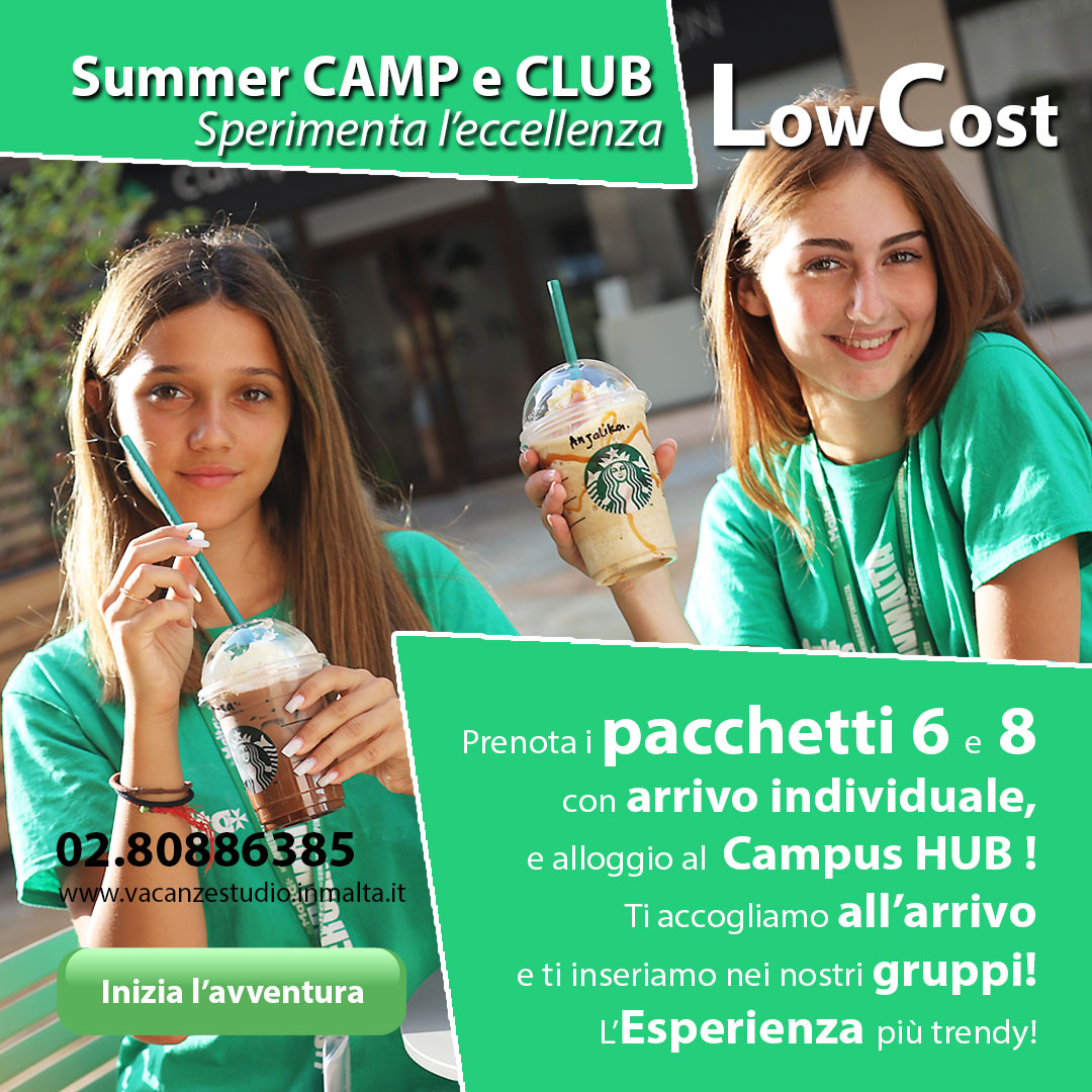 Summer Camp e Club. Sperimenta l'eccellenza Low Cost. Prenota i pacchetti 6 e 8 con arrivo individuale e alloggio al Campus HUB! Ti accogliamo all'arrivo e ti inseriamo nei nostri gruppi. L'esperienza più trendy!